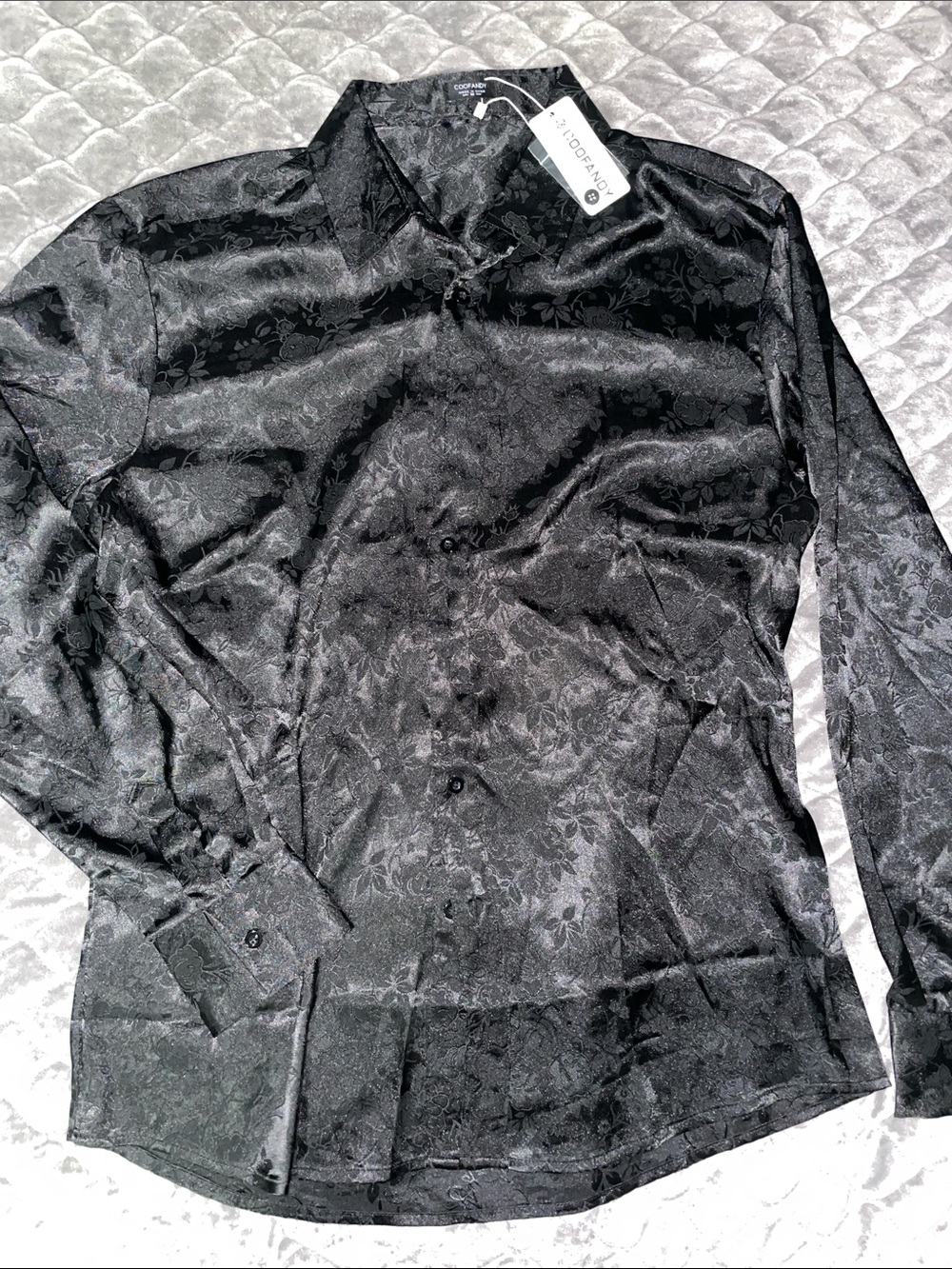 Coofandy Black Floral Jacquard Satin Dress Shirt